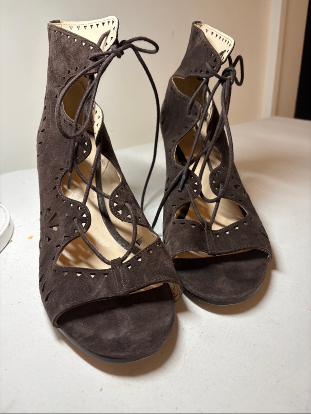 Nine West Brown Suede Lace Peep-Toe Block Heels Size 11